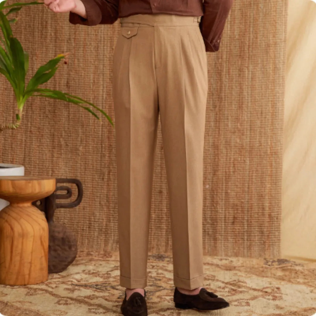 Men's slim fit straight leg trousers in dark grey, light brown and light apricot colours