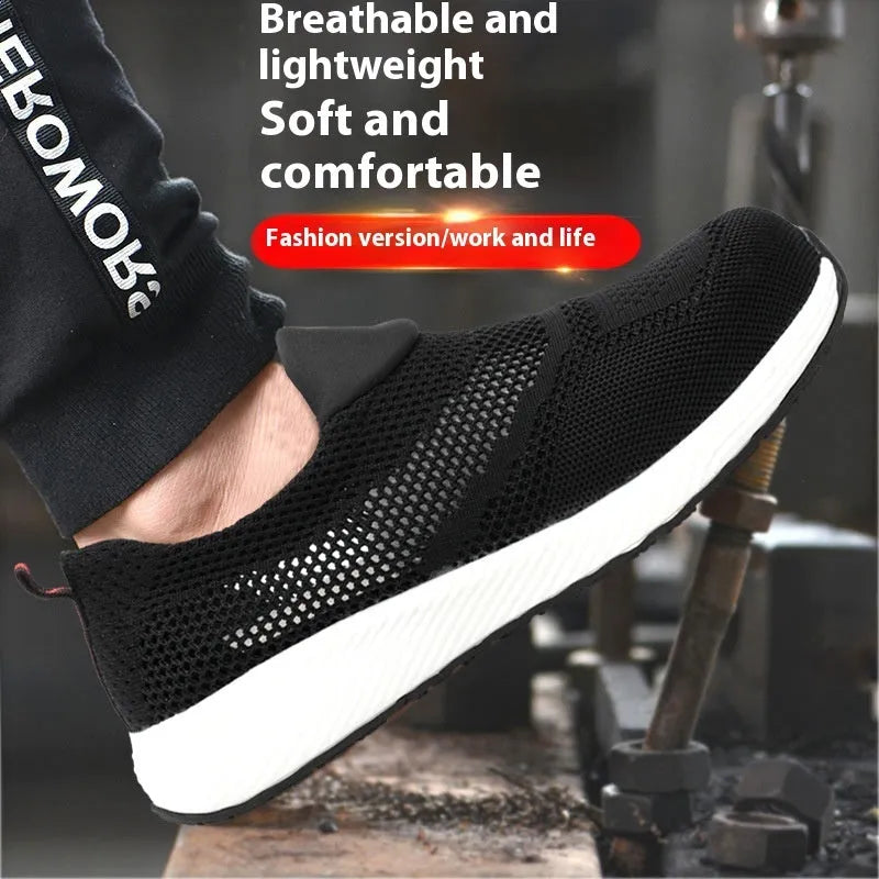 Men's black steel toe work shoes with mesh upper for industrial protection