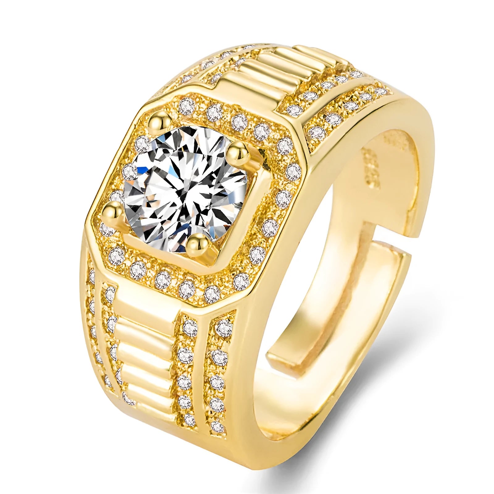 Men's square diamond ring with adjustable opening in gold finish on hand