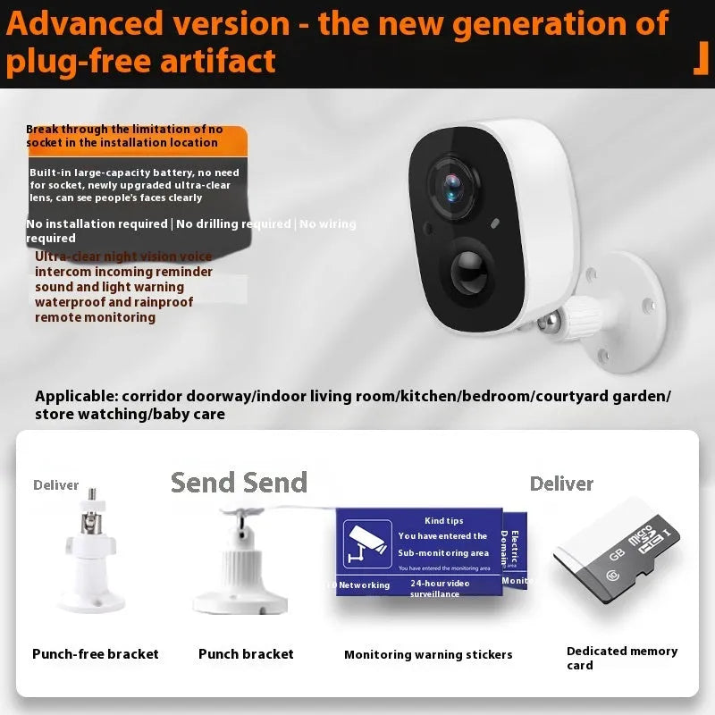 Wireless battery surveillance camera with self-contained bracket for indoor security monitoring