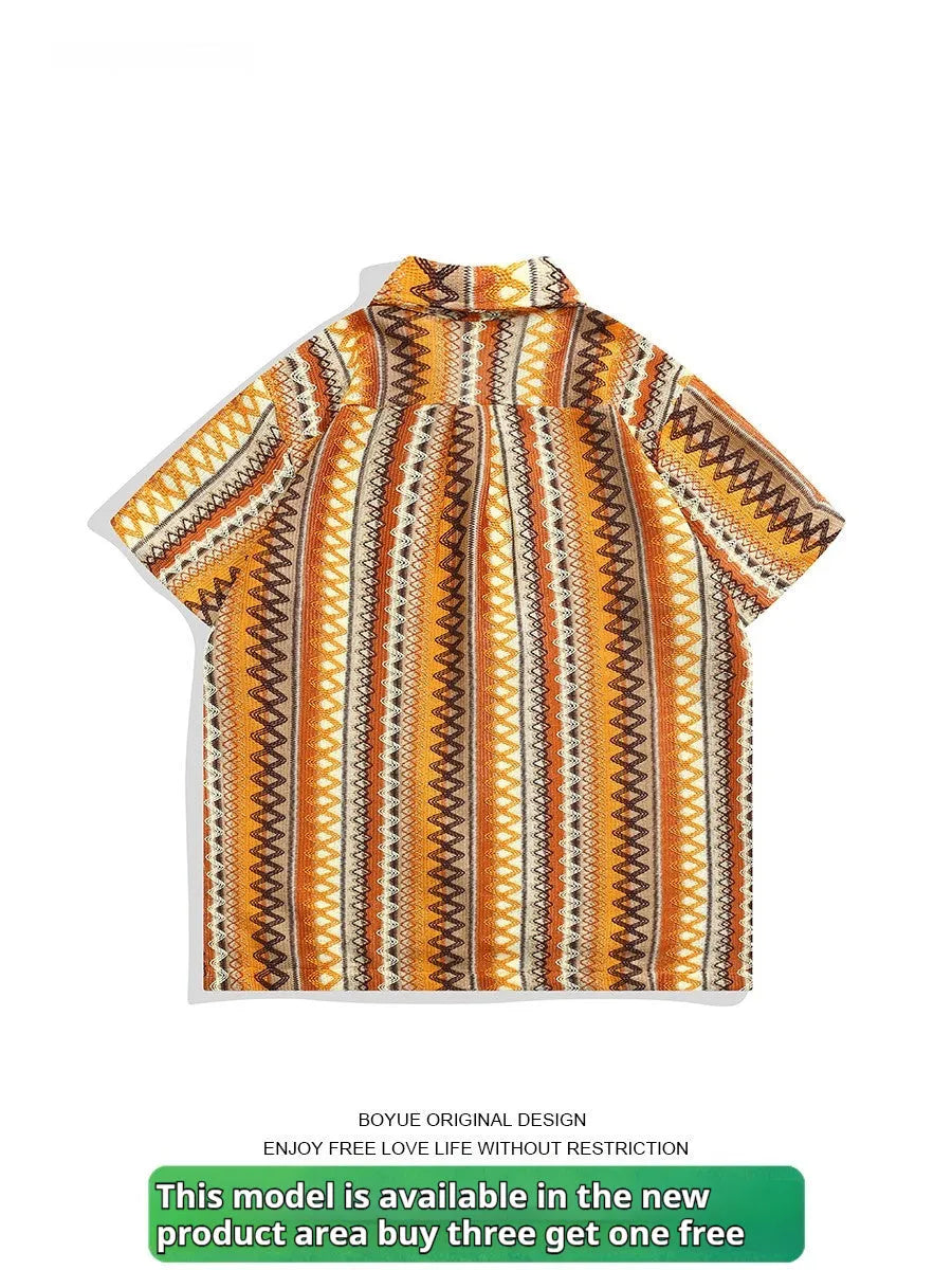 Ethnic style woven shirt with Cuban collar and drop shoulder sleeves in contrast colours