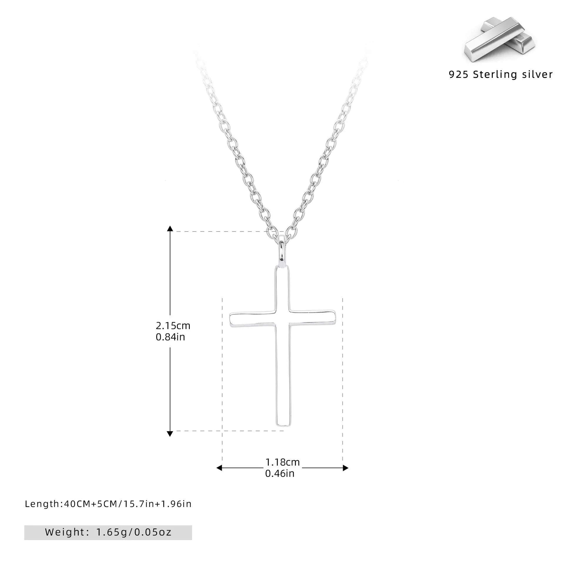 S925 sterling silver necklace with a simple glossy cross pendant on an adjustable O-shaped chain.