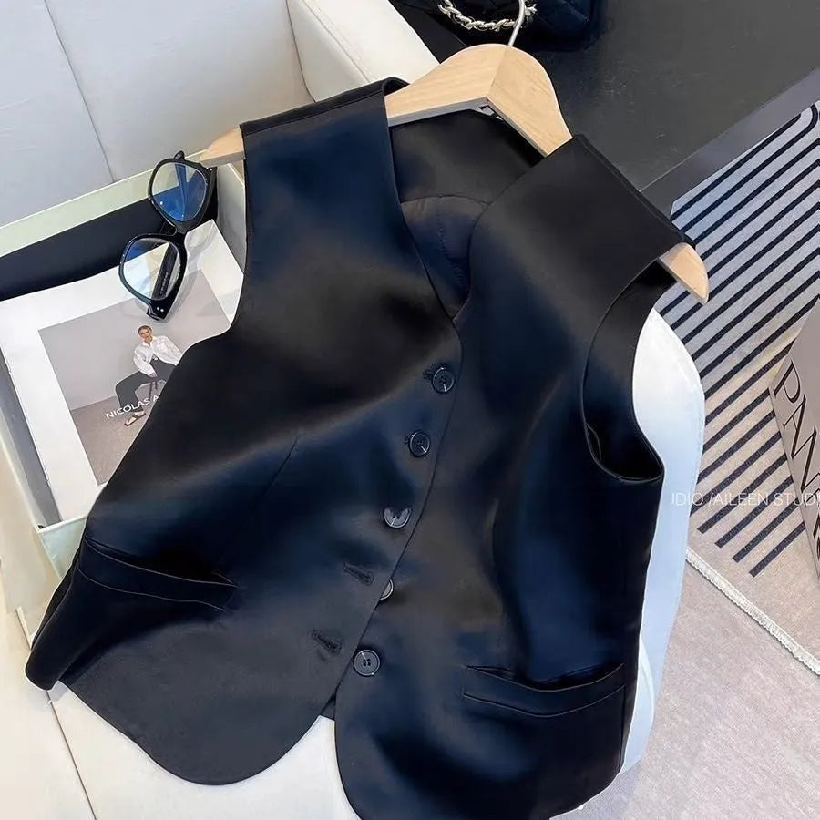 Black satin sleeveless vest with loose fit and splicing detail elements