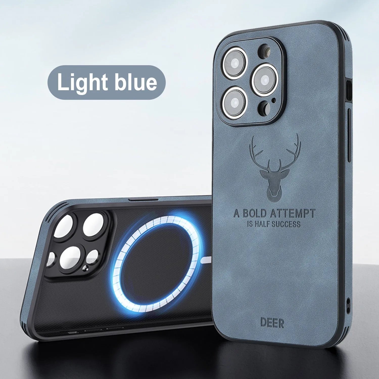 iPhone 16 magnetic charging case with embossed moose head design in imitation leather material, showing front and back views