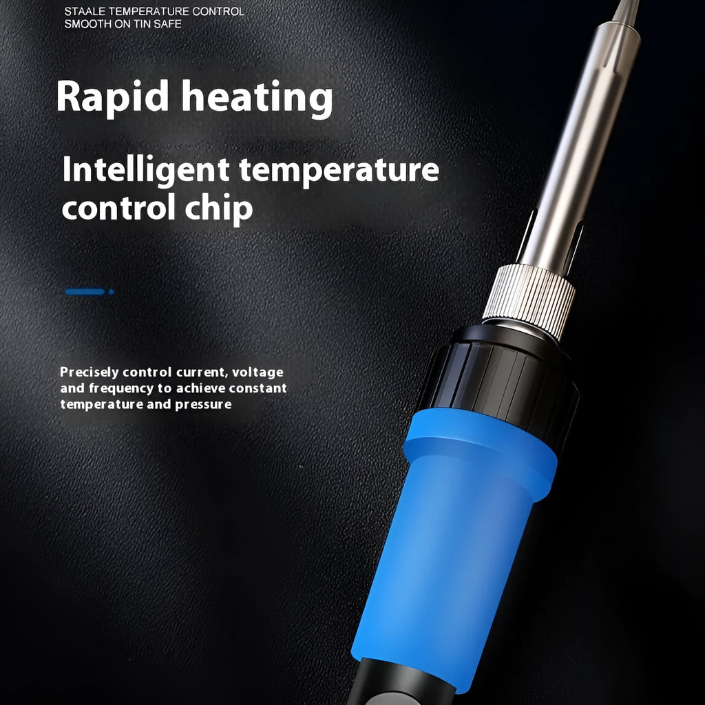 Grey 90W electric soldering iron with temperature control display and included accessories