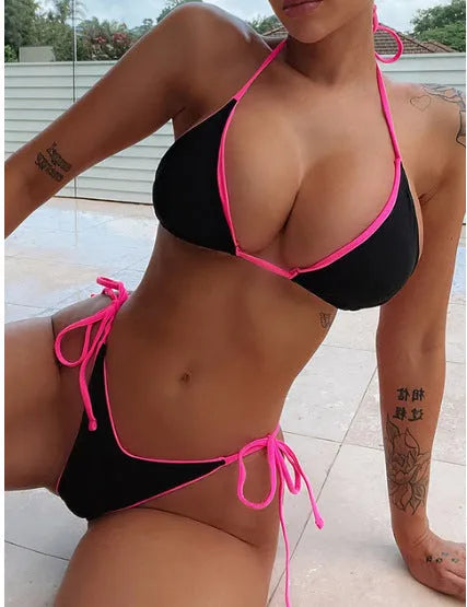 Women's lace-up triangle bikini set with split-leg briefs in multiple colour options