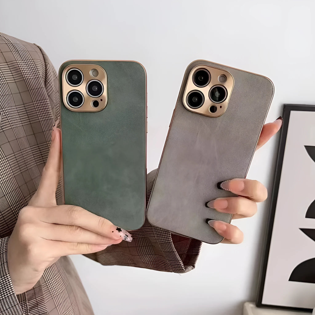 Leather texture iPhone case in grey, black, grey-green, or blue colours showing front and back views