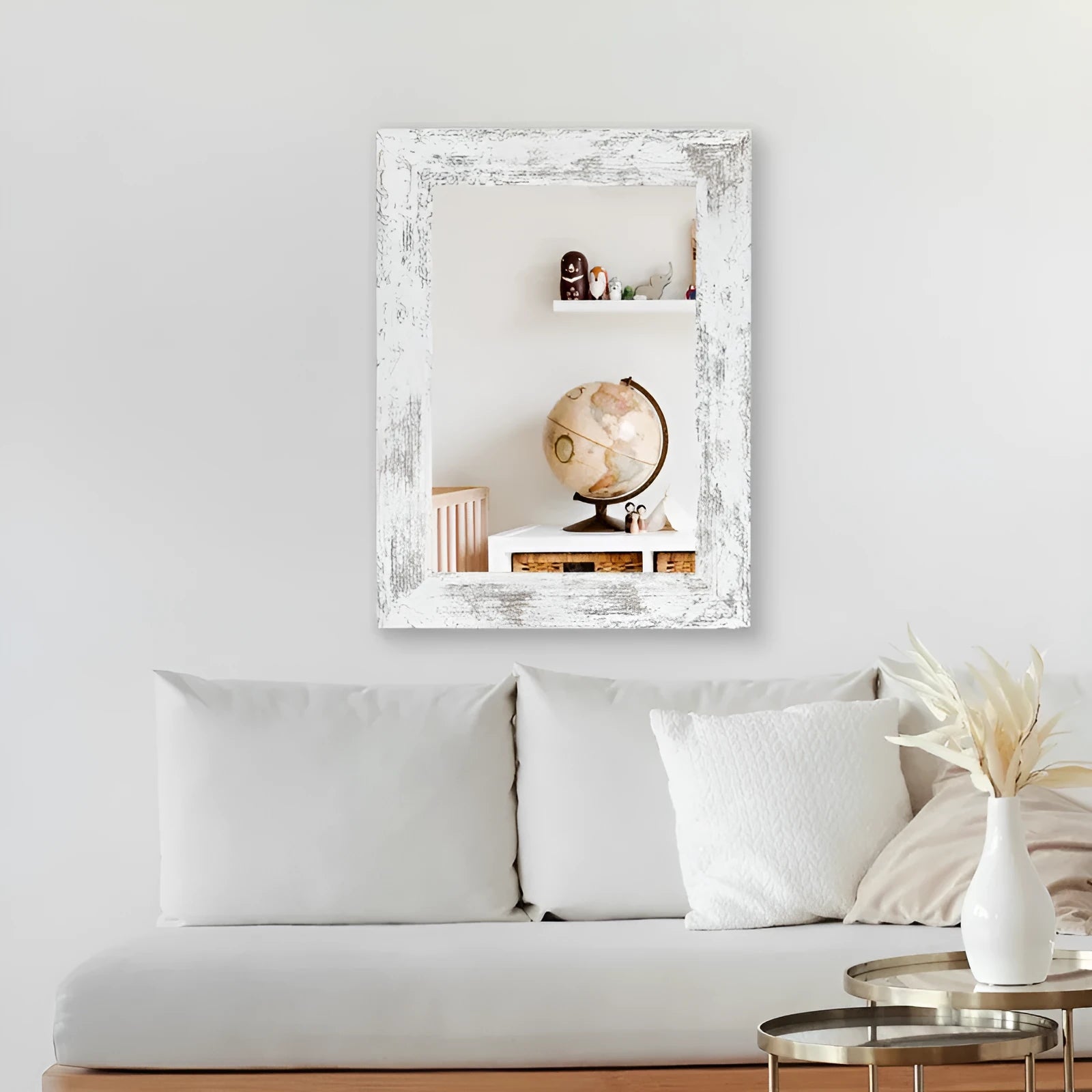 Wall-mounted bathroom mirror with storage shelf in retro Chinese style, small old white finish