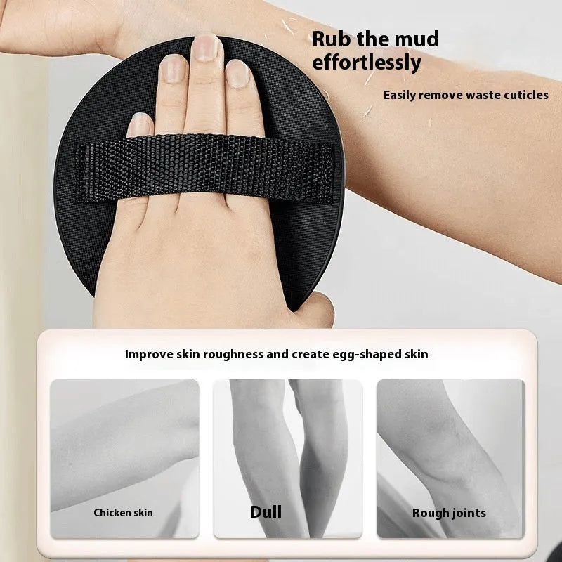 Finger bath scrubber in rubber with round cake design options and included towel