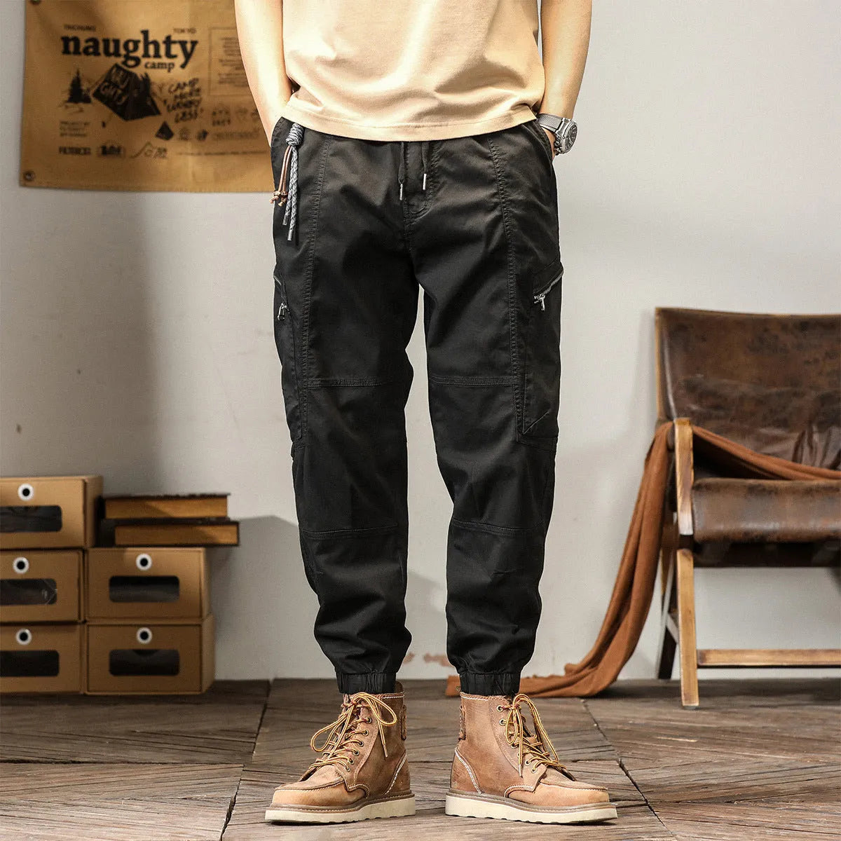 Men's loose cotton harem style trousers with tapered ankle banding in khaki colour