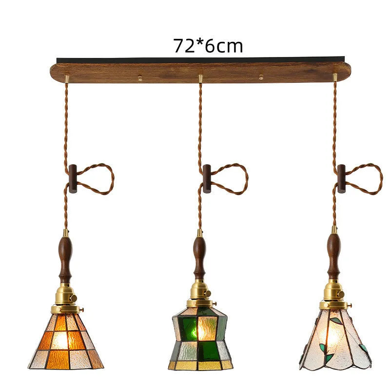 Japanese retro brass and glass chandelier with hand-blown shades, walnut wood accents, and hemp rope light line