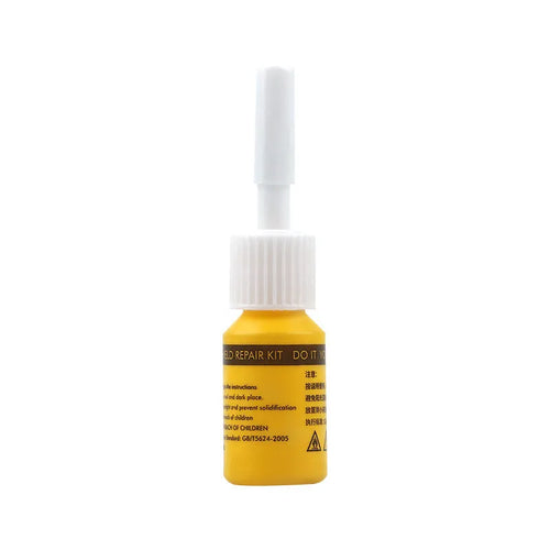 Yellow three-piece car windshield repair agent tool set with applicator and curing tools.