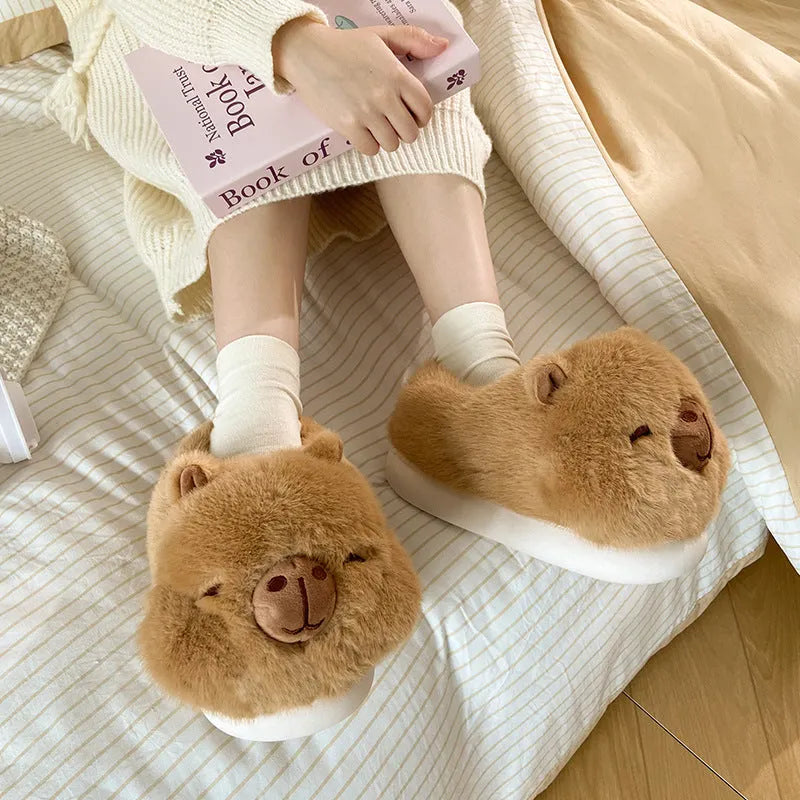 Light brown women's winter slippers with plush upper and oversleeve design