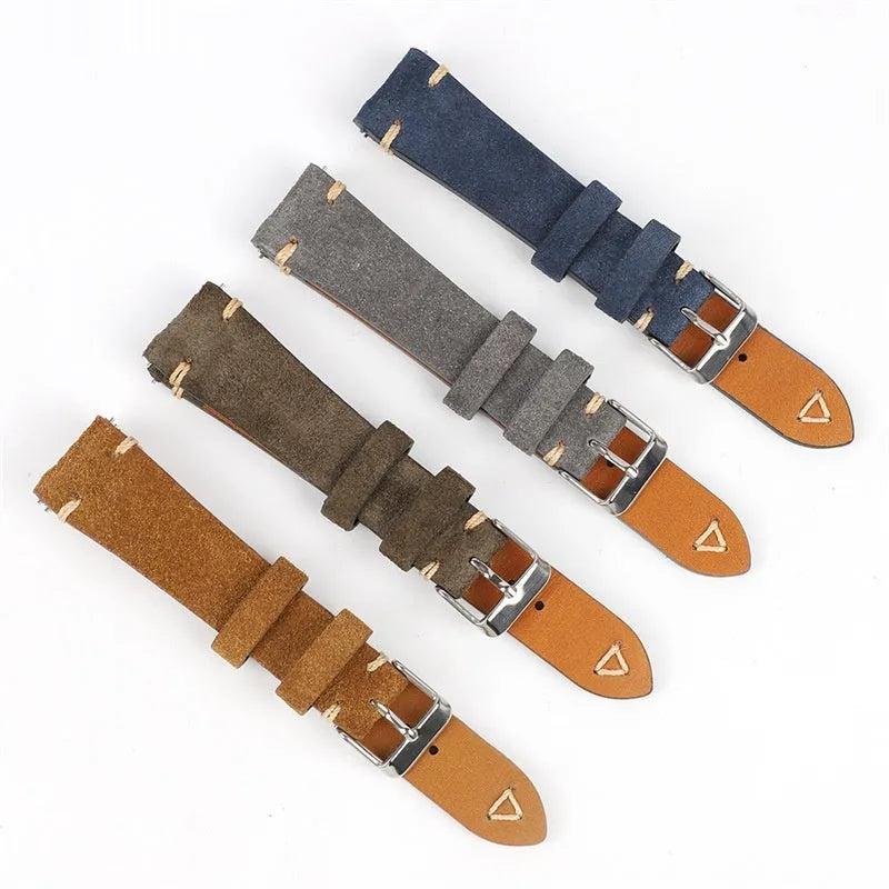 Genuine suede leather watch strap in brown, shown fitted to a watch with a 20mm lug width.