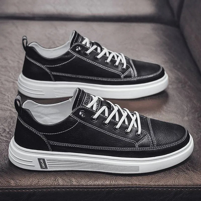 Men's casual PU leather shoes in beige, white, and black with flat sole and low heel
