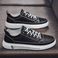 Men's casual PU leather shoes in beige, white, and black with flat sole and low heel