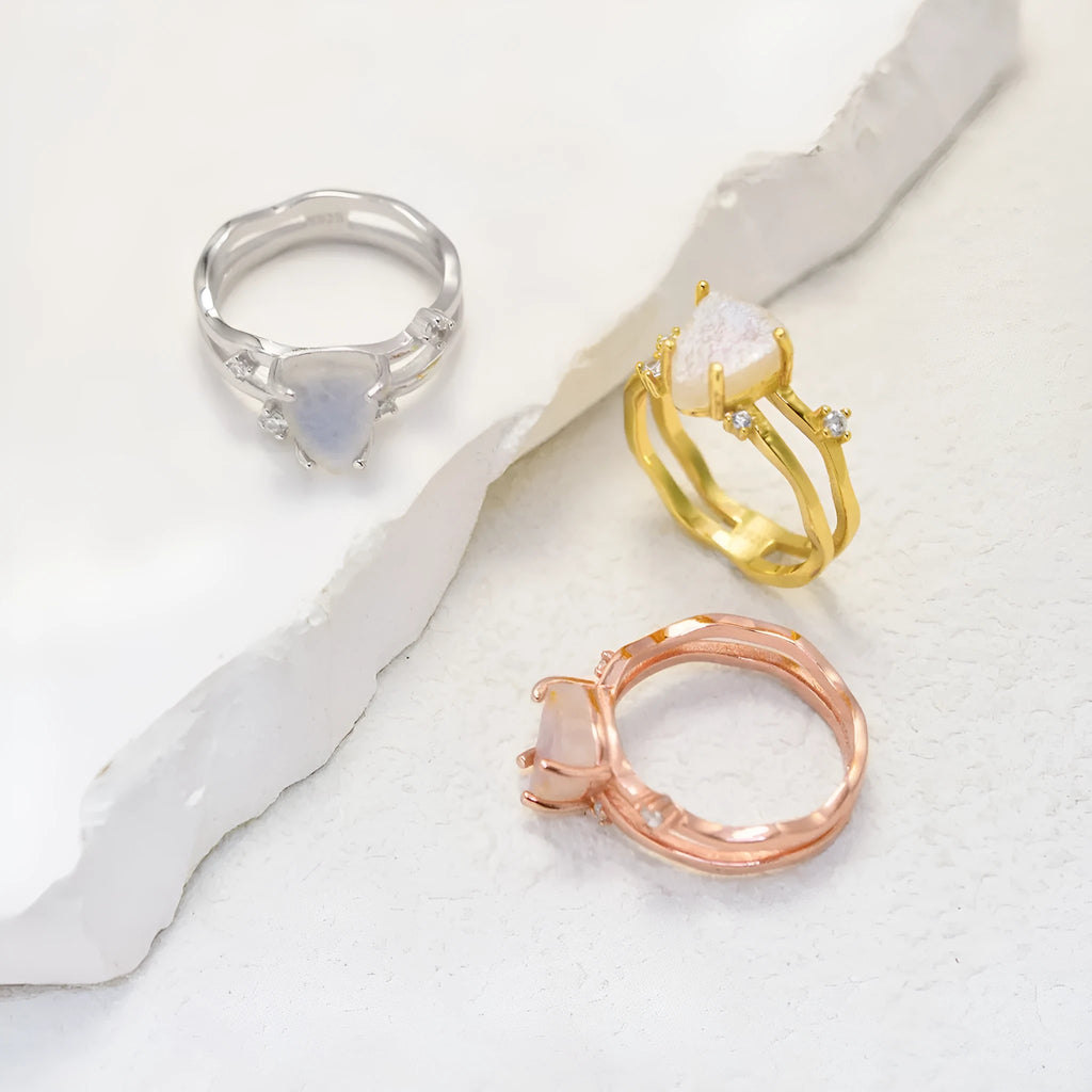 S925 sterling silver irregular triangle ring with moonstone in choice of white, yellow or rose gold plating