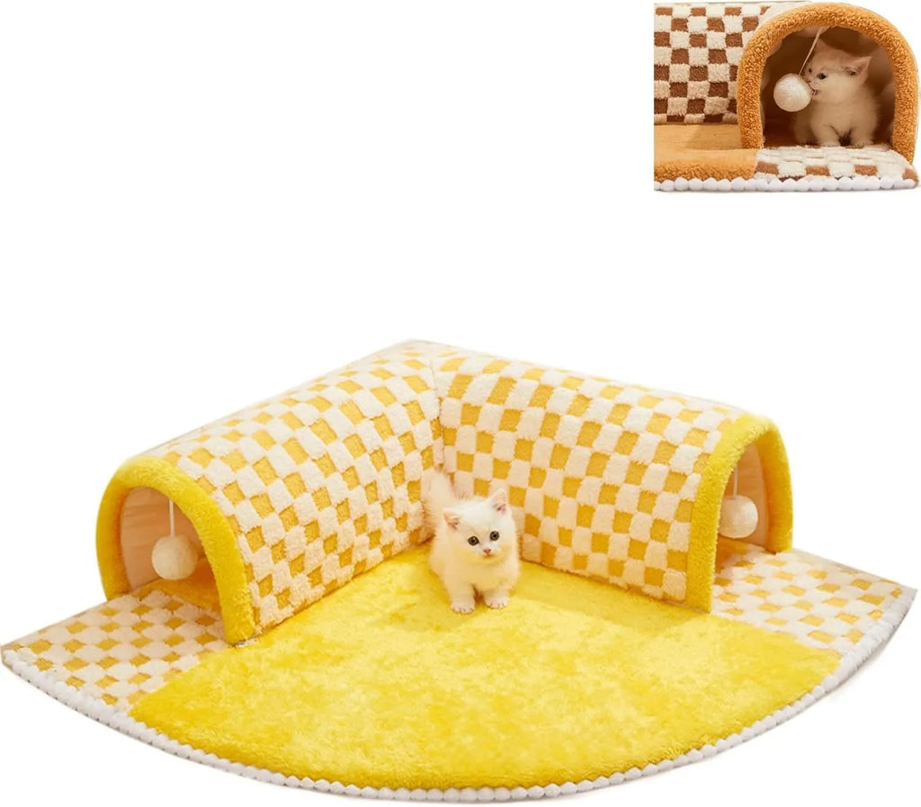 Brown plush plaid cat tunnel bed with central mat and zippered collapsible tunnel for indoor cats
