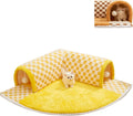 Brown plush plaid cat tunnel bed with central mat and zippered collapsible tunnel for indoor cats