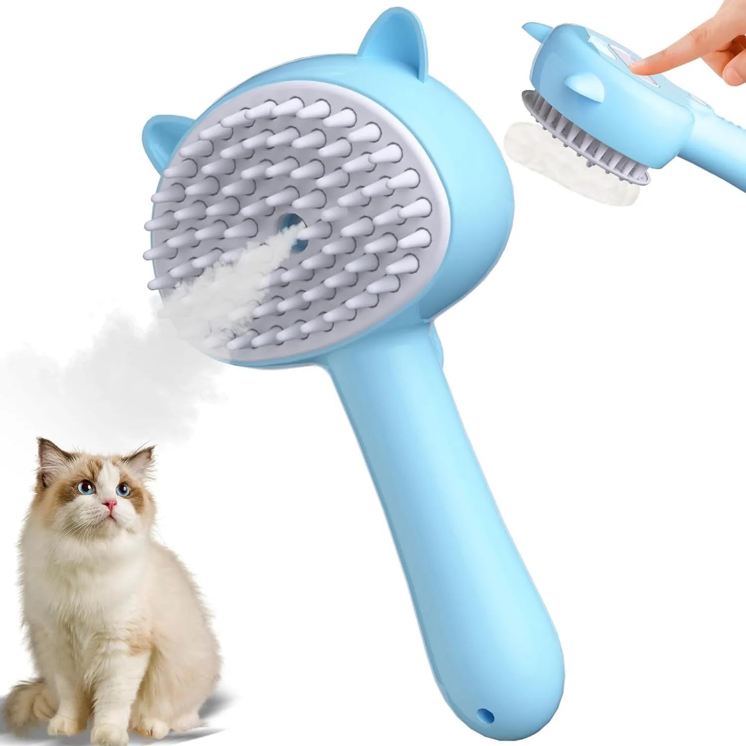 Blue cat steam brush with ergonomic handle, soft rubber bristles, and release button for pet grooming