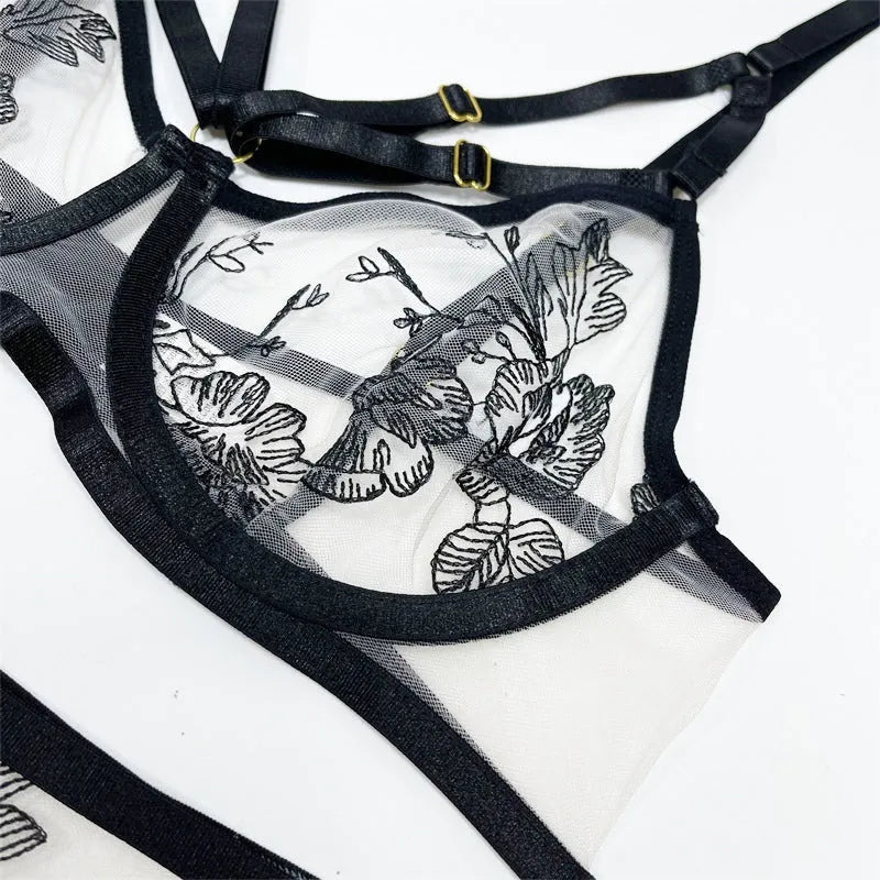 Women's black lace mesh three-piece set with floral print top pants and waist ring