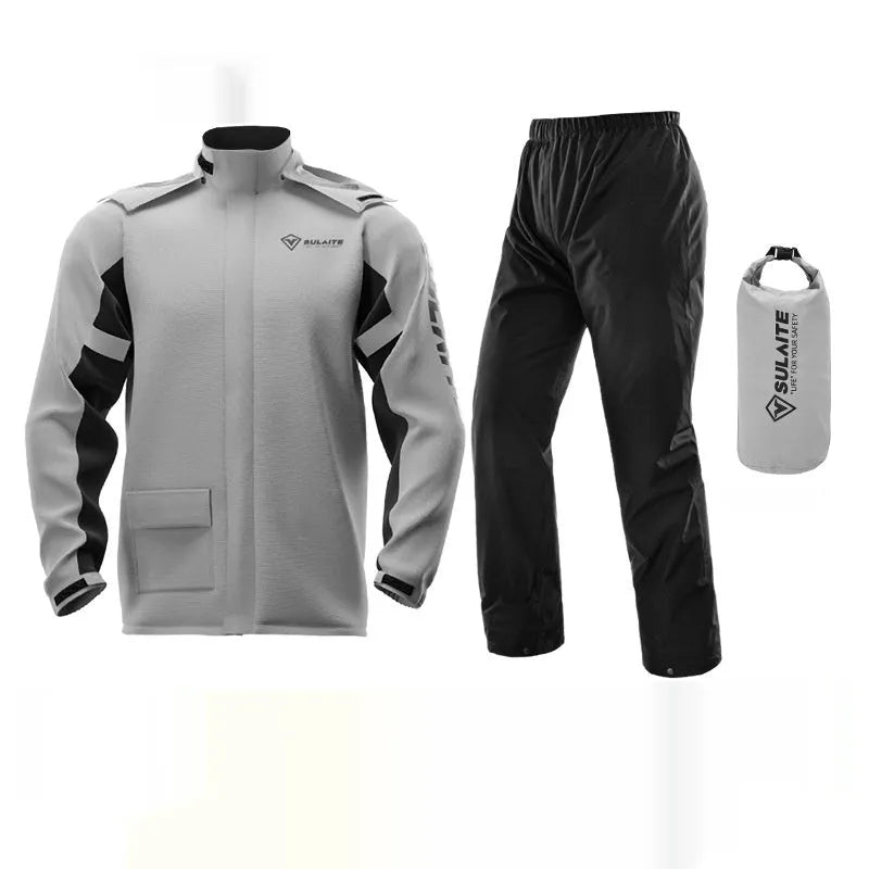 Motorcycle rain suit comprising a black split-style raincoat and rain pants with hidden shoe covers and storage bag.