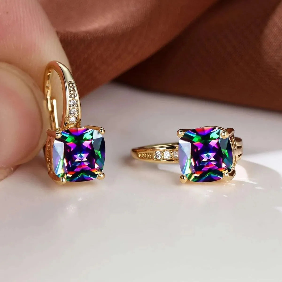Square colourful moissanite geometric quadrilateral ear clip in gold electroplated copper