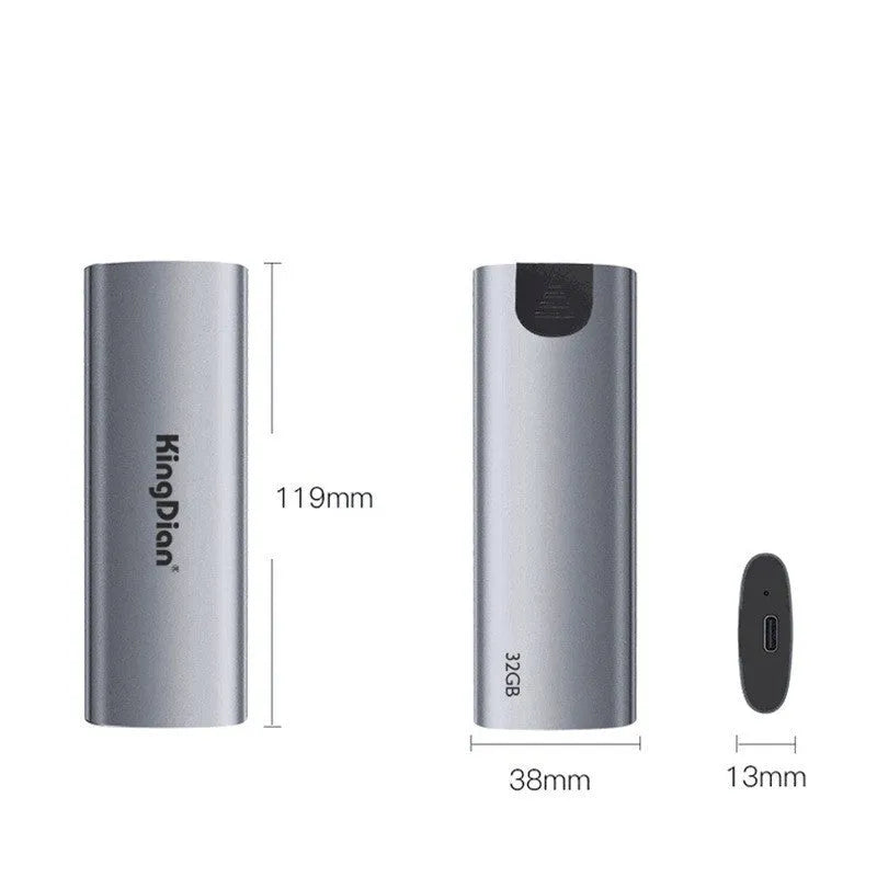 Grey aluminium mobile solid state drive with USB 3.0 connector for phone storage expansion.