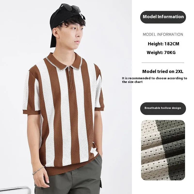 Men's short sleeve striped sweater in ice silk viscose with a decorative zipper.