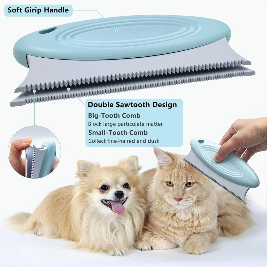 Three-piece pet hair remover set showing metal lint brush, silicone double-sided brush, and round ABS cleaner