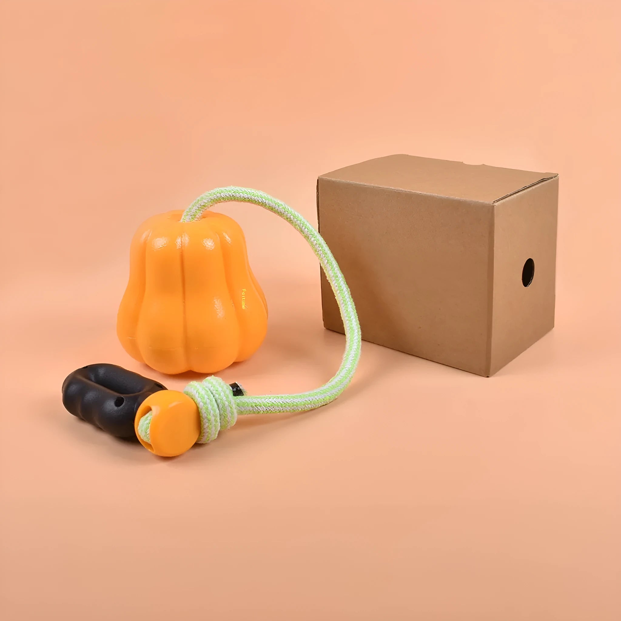 Orange pumpkin-shaped plastic dog toy with textured surface and rope attachment for chewing and fetch games