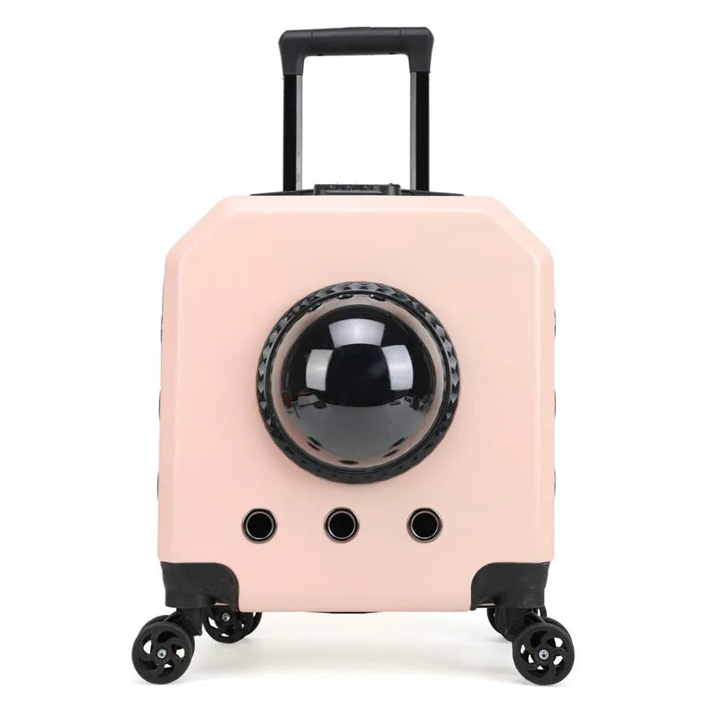 Hard-sided PVC pet flight trolley case for cats in burgundy colour with wheels