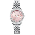 Women's silver alloy quartz calendar watch with round dial and stainless steel folding buckle.