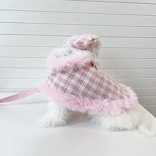 Female pink cat costume set with cape, beret, and hand holding rope for events
