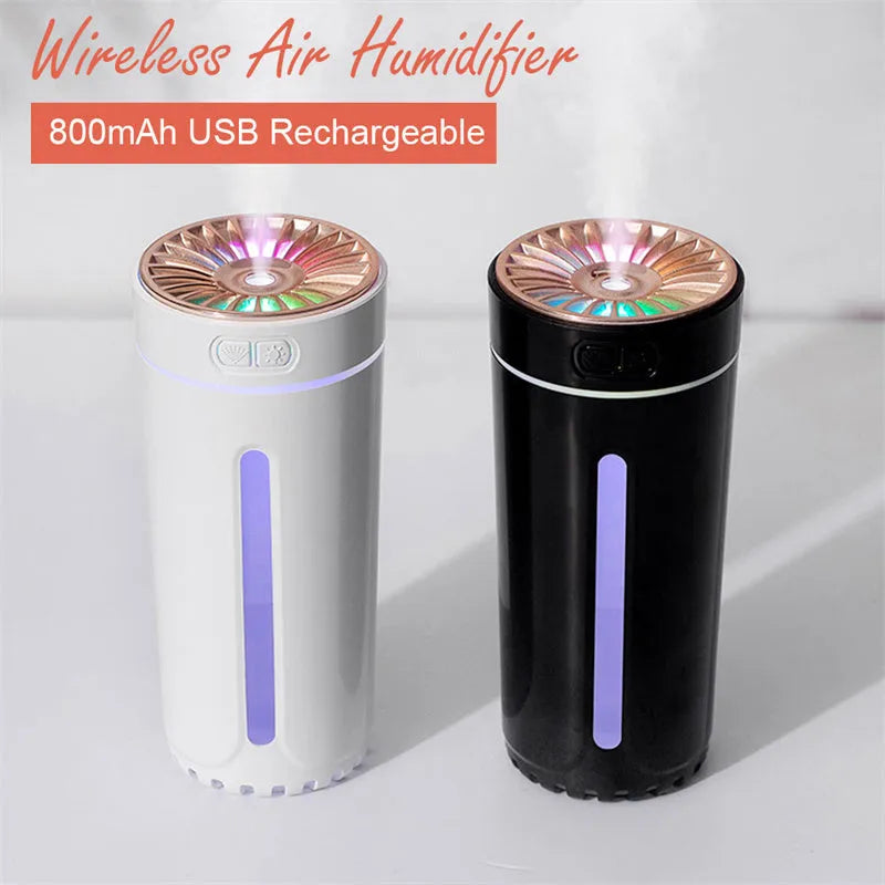 Black portable USB rechargeable humidifier with colourful LED lights and compact design for car or desktop use