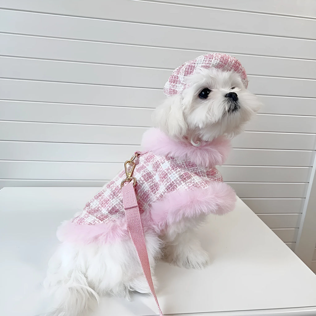 Female pink cat costume set with cape, beret, and hand holding rope for events