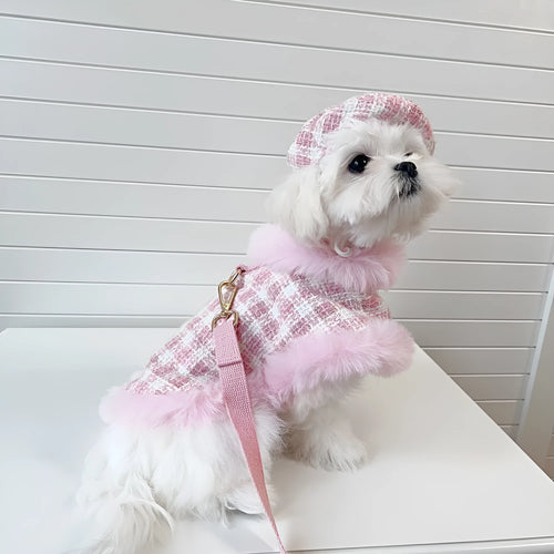 Female pink cat costume set with cape, beret, and hand holding rope for events