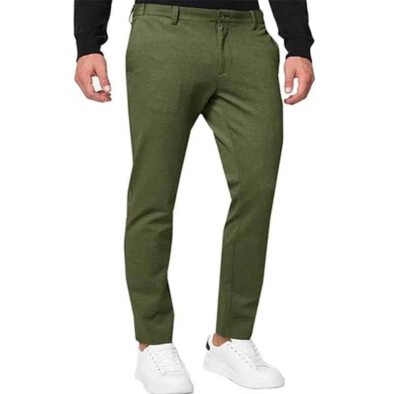 Men's slim-fit tapered chino trousers in cotton blend fabric with pleated front detail