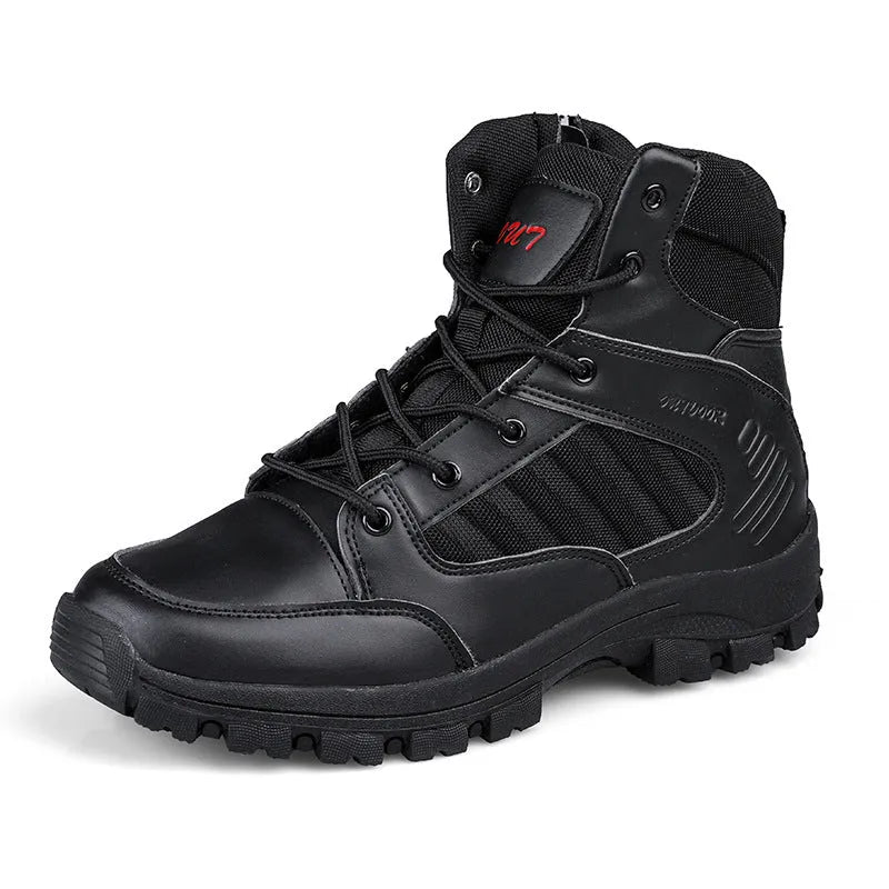 Men's black high-top hiking shoes with artificial PU upper and metal details for outdoor travel.