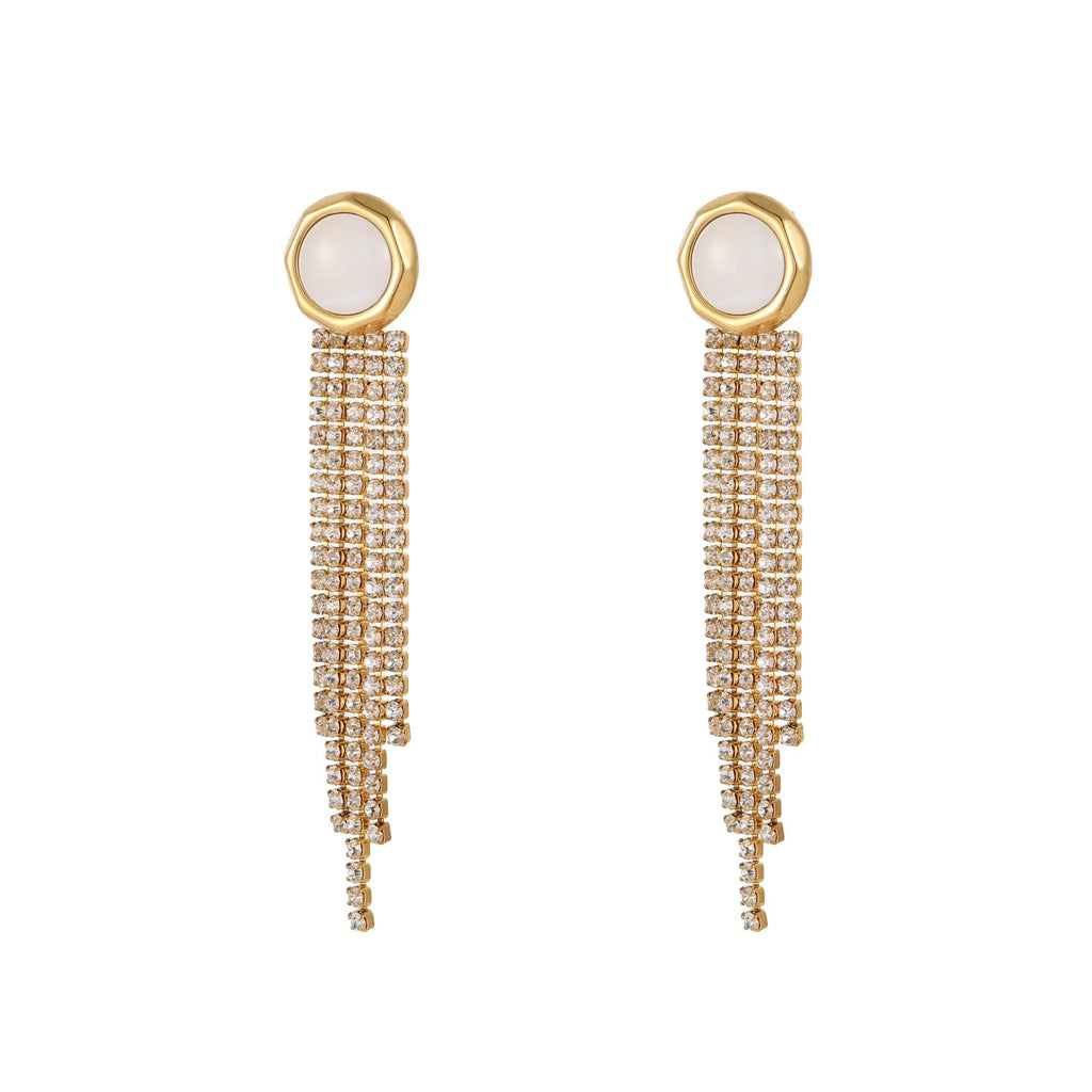 Gold plated stainless steel earrings with love heart and star geometric shapes and diamond tassel details
