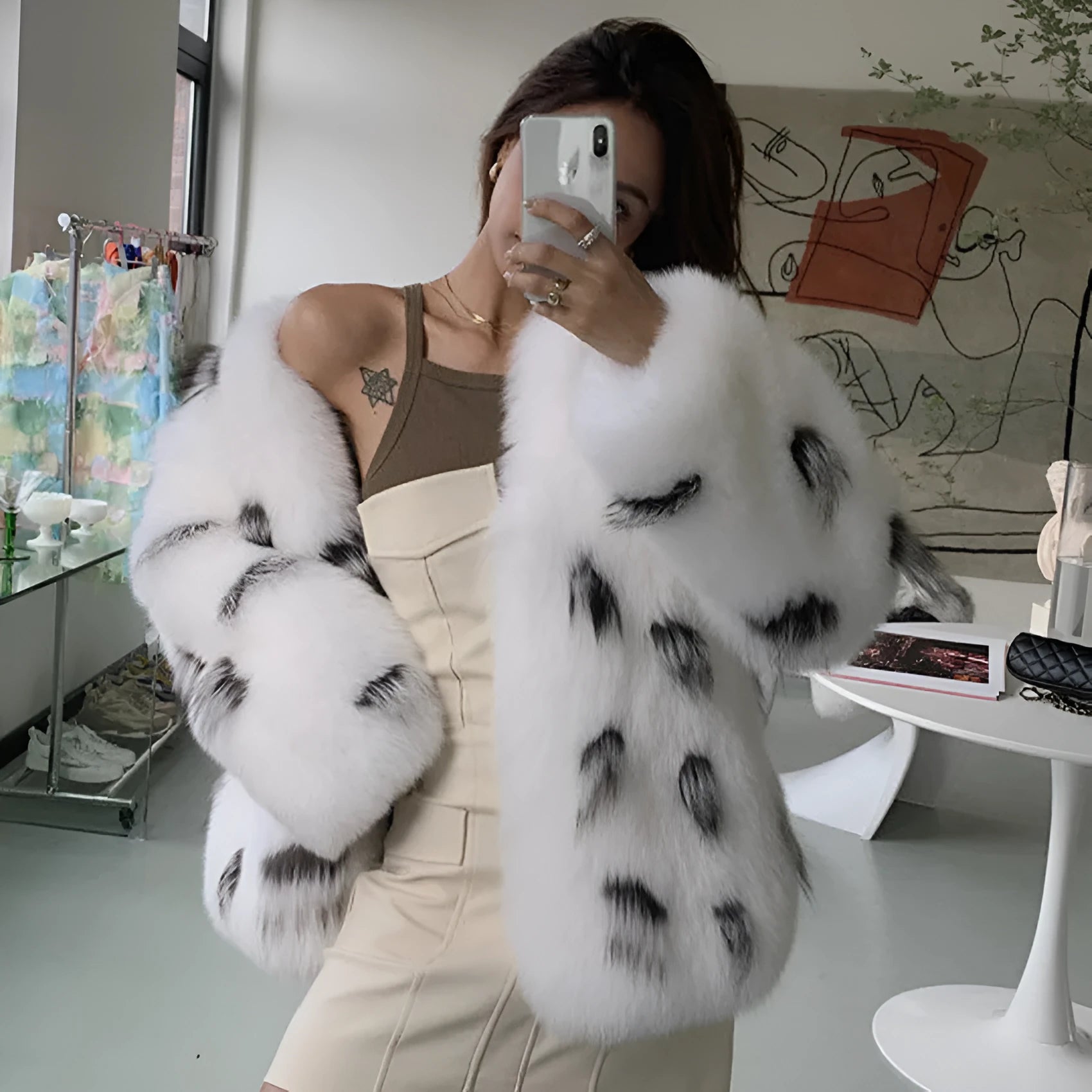 Women's black and white Korean-style slim-fit faux fur plus size coat