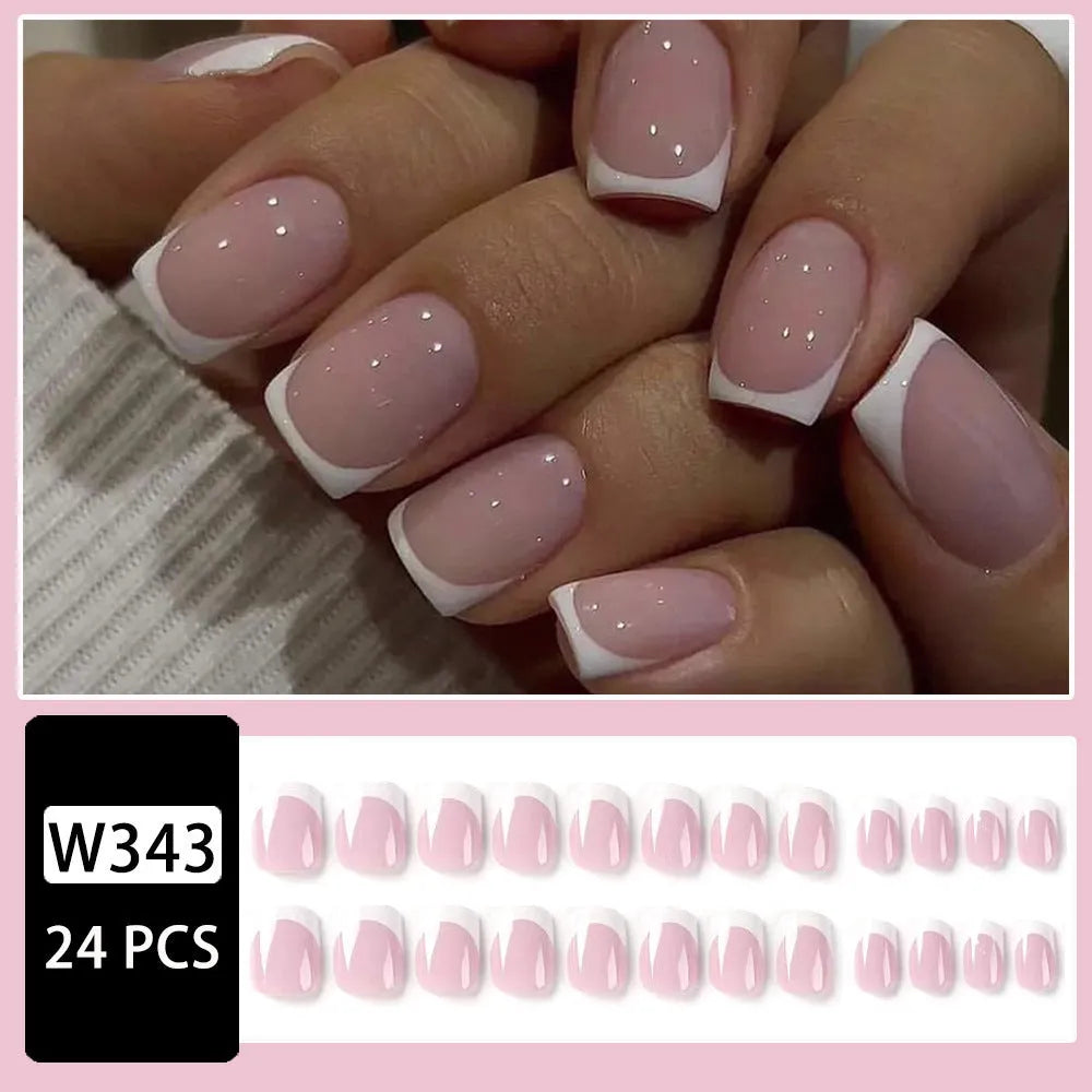 24 white plaid pattern coffin-shaped press-on nail tips