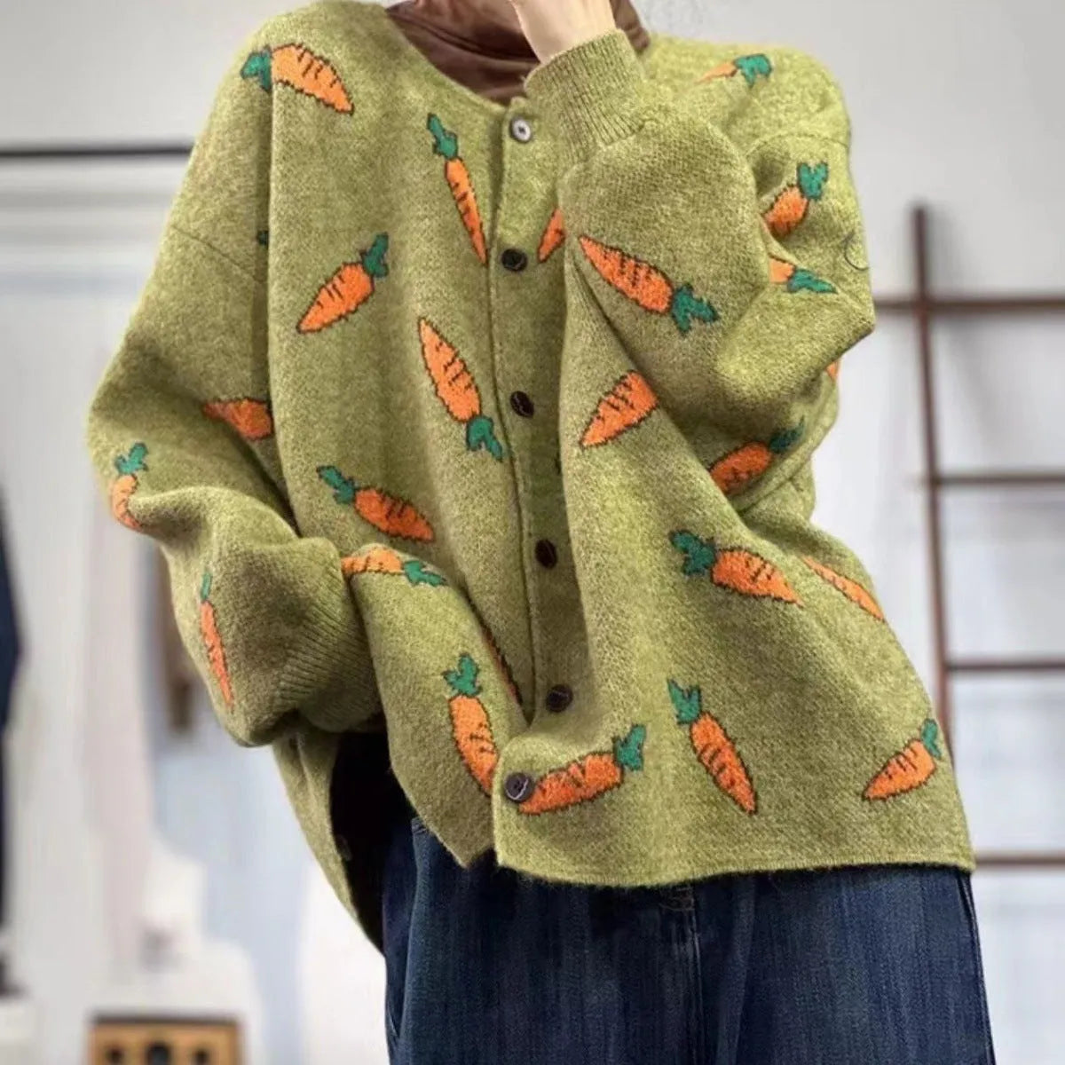 Round neck mori artistic printing cardigan sweater with colour contrast loose casual fit