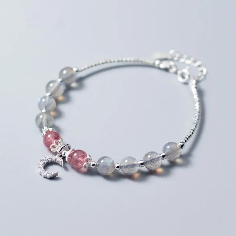 Natural moonstone adjustable bracelet with silver extension chain and crescent moon accent