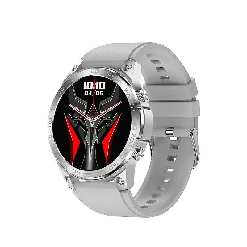 Bluetooth smartwatch with round AMOLED display showing fitness metrics on silicone wristband