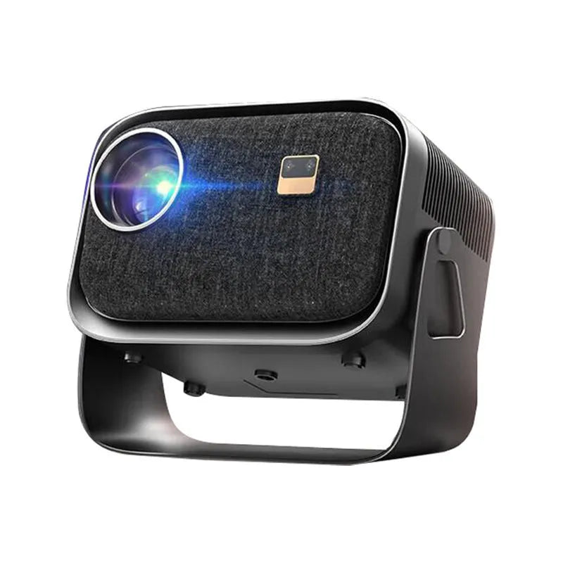 White portable Android smart home theatre projector on a wooden table, projecting a high-definition movie scene.
