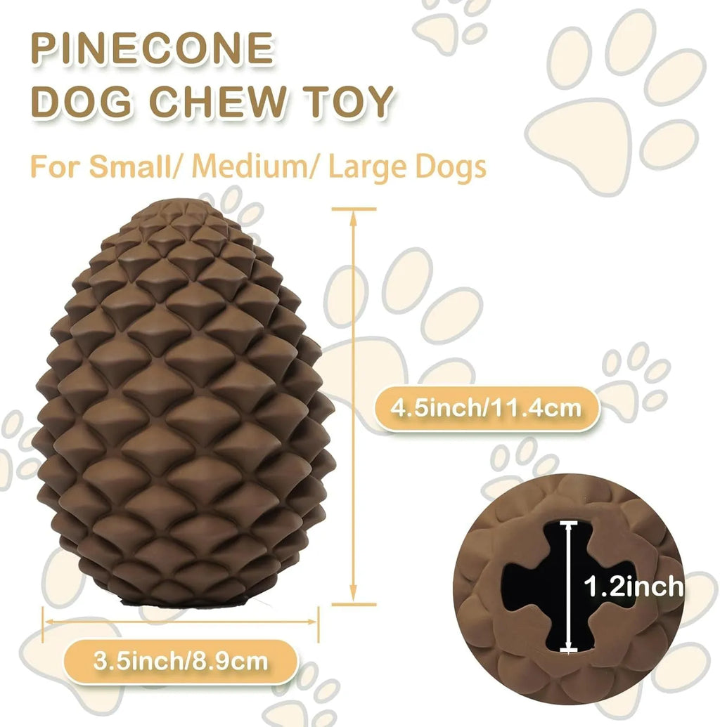 Yellow pine cone shaped natural rubber dog chew toy with textured surface and treat dispensing opening