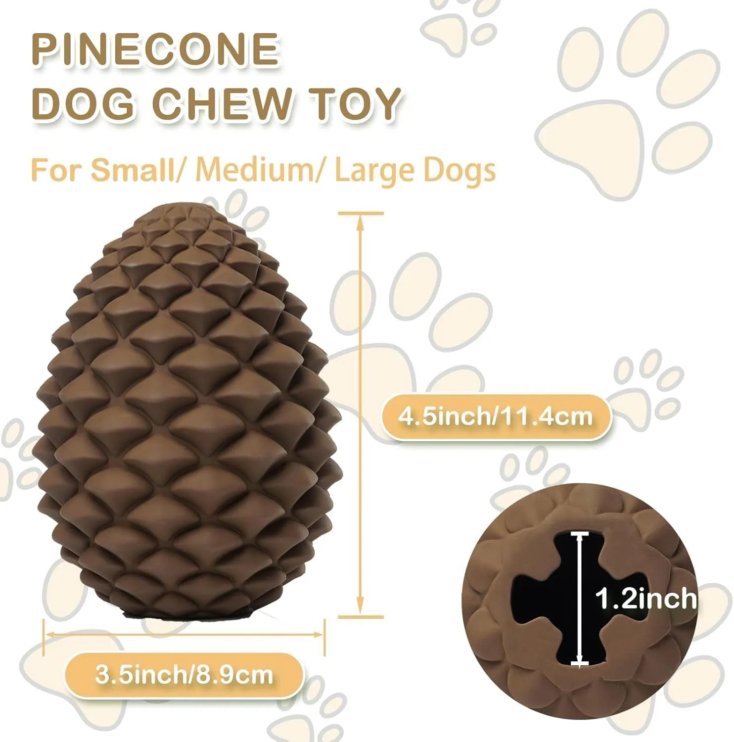 Yellow pine cone shaped natural rubber dog chew toy with textured surface and treat dispensing opening