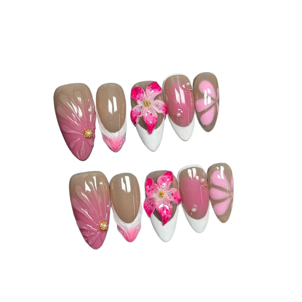 French style manicure plastic wearable armour with three-dimensional lily ice flower design in almond style
