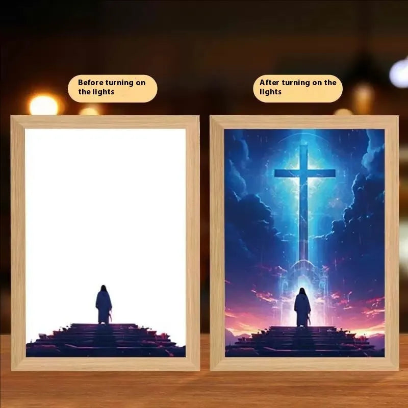 Modern rectangular LED light painting wall art with handmade frame showing illuminated design